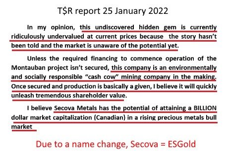 ESGold Corp The Shareholder Report T$R